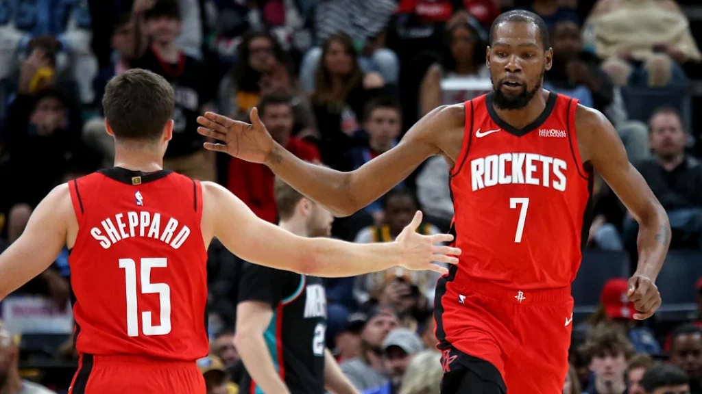 Kevin Durant and Reed Sheppard Celebrate During Houston Rockets vs Memphis Grizzlies Game