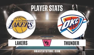 Professional match graphic for Lakers vs OKC Thunder featuring team logos and "Player Stats" heading for NBAStatsTime.com
