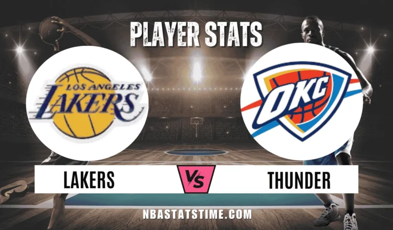 Professional match graphic for Lakers vs OKC Thunder featuring team logos and "Player Stats" heading for NBAStatsTime.com