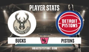 Milwaukee Bucks vs Detroit Pistons player stats banner with team logos and NBA arena background
