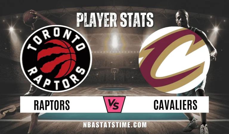 Graphic showing Toronto Raptors vs Cleveland Cavaliers matchup with team logos for the 2026 NBA Playoffs first-round Game 2 player stats on NBAStatsTime.com