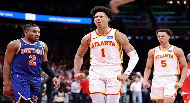 Atlanta Hawks forward Jalen Johnson (#1) celebrates during Game 3 of the 2026 NBA Playoffs first-round series against the New York Knicks at State Farm Arena, Atlanta, April 23, 2026.