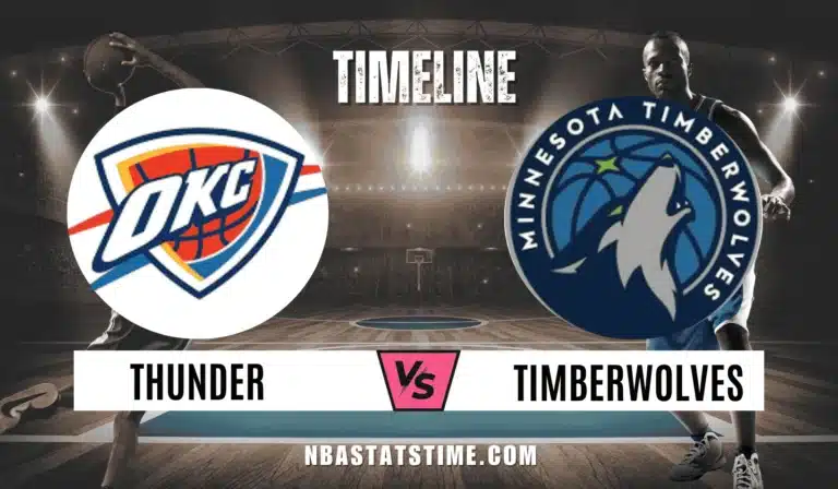 Promotional graphic showing OKC Thunder vs Timberwolves timeline with both team logos on a basketball arena background