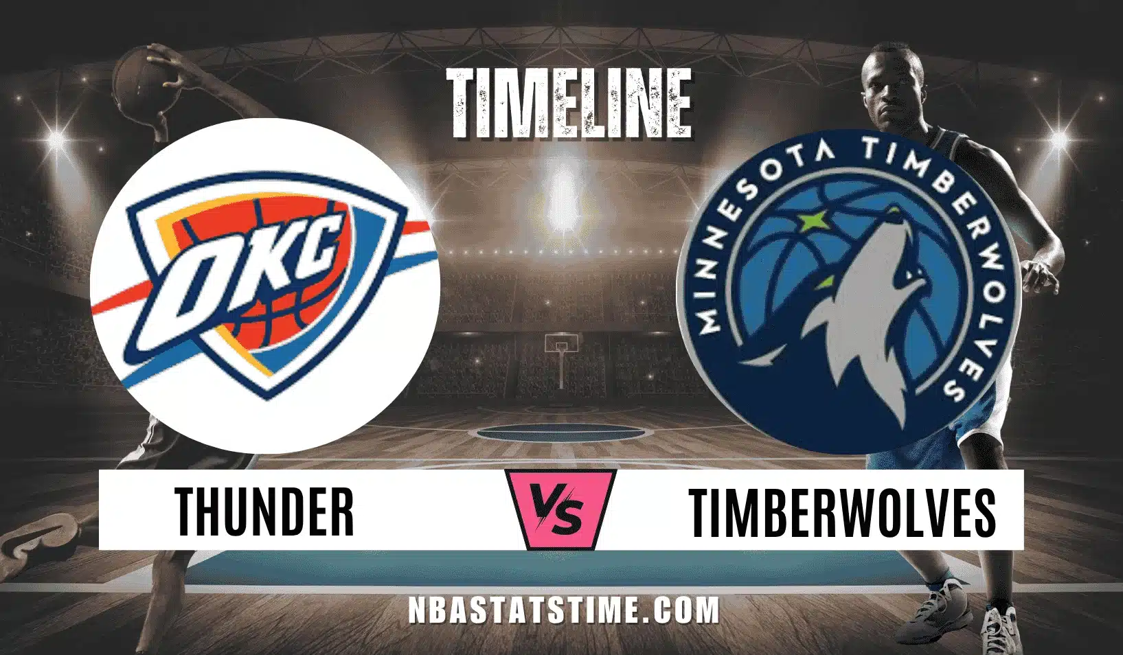 Promotional graphic showing OKC Thunder vs Timberwolves timeline with both team logos on a basketball arena background