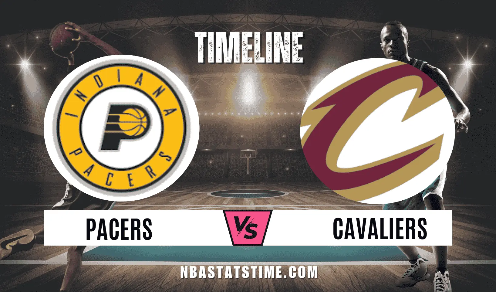 Pacers vs Cleveland Cavaliers Timeline graphic showing Indiana Pacers and Cavaliers logos on a basketball court background