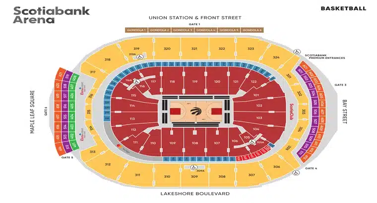 Official Scotiabank Arena basketball seating chart showing 100-level lower bowl, 300-level upper bowl, suites, and gate locations