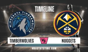 Minnesota Timberwolves vs Denver Nuggets timeline rivalry graphic with both team logos on a basketball court background