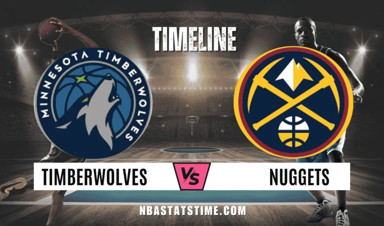 Minnesota Timberwolves vs Denver Nuggets timeline rivalry graphic with both team logos on a basketball court background